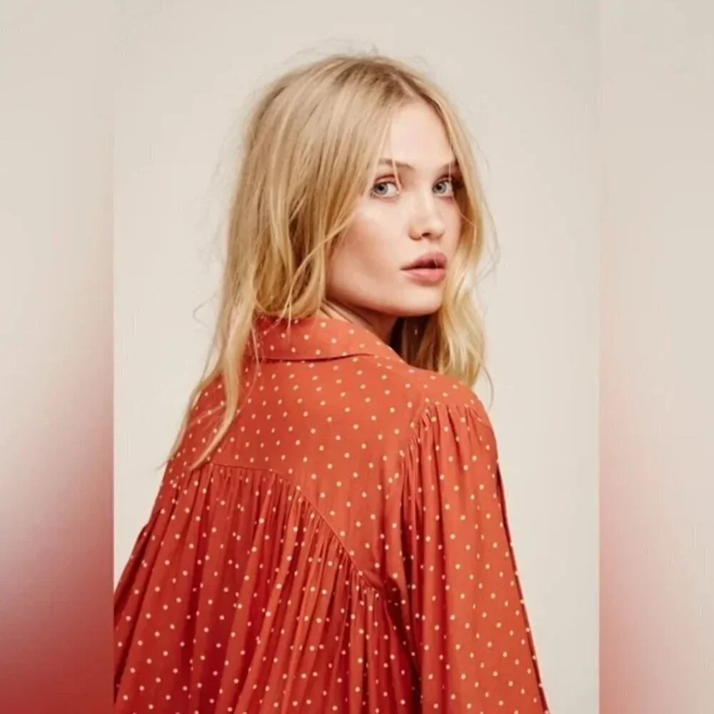 Free People New World Dotted Blouse in Autumn orange combo size X-Small